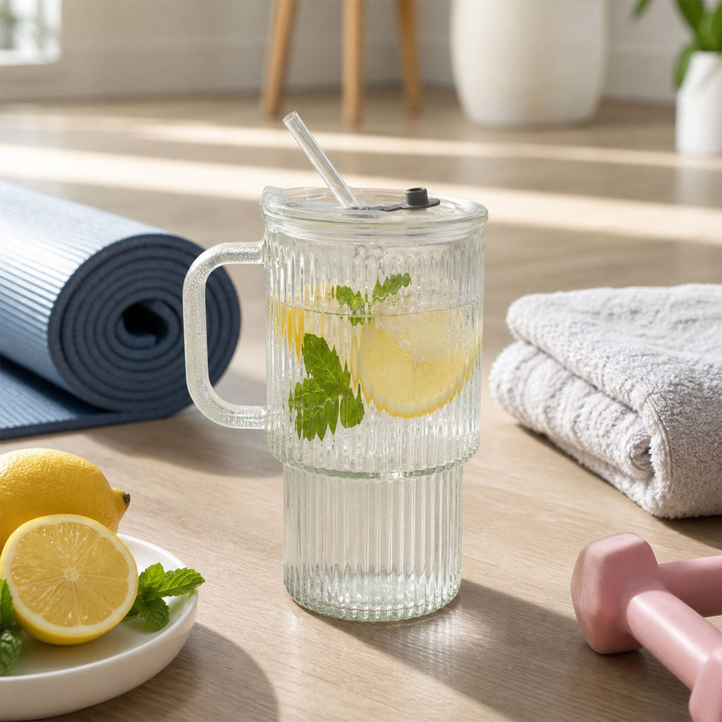 Glass Tumbler With Lid Straw And Handle For Cold Beverages And Juice (1 Pc)