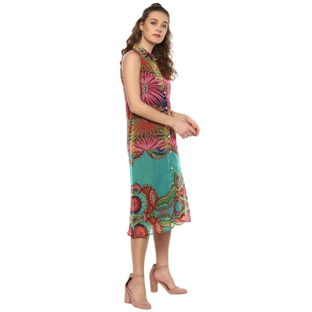 Generic Women's Polyester Floral Sleeveless Below Knee Dress (Multicolor)