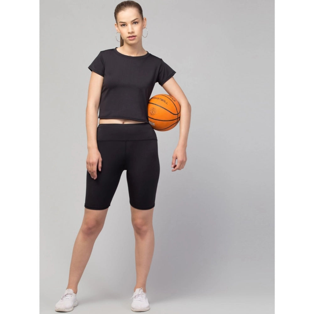 Generic Women's Polyester Solid Above Knee High-Rise Shorts (Black)