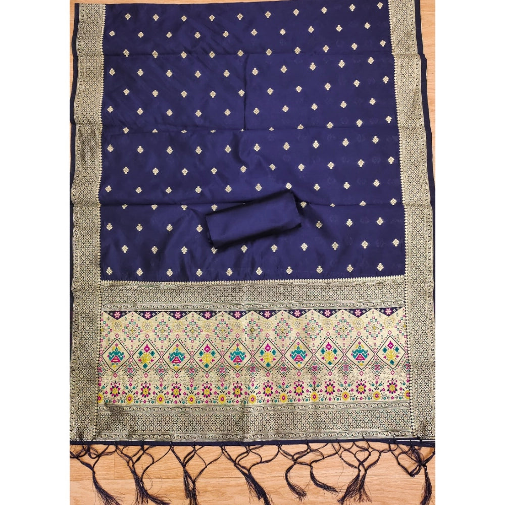 Generic Women's Banarasi Silk Printed Unstitched Salwar Suit Material With Dupatta (Navy Blue, 3Mtrs)