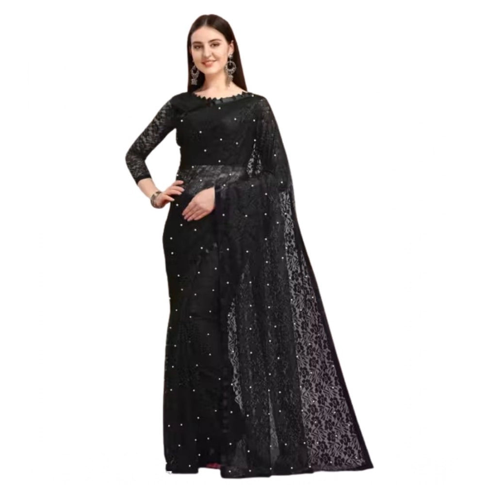 Generic Women's Net Self Design Saree With Unstitched Blouse 5.5Mtr (Black)