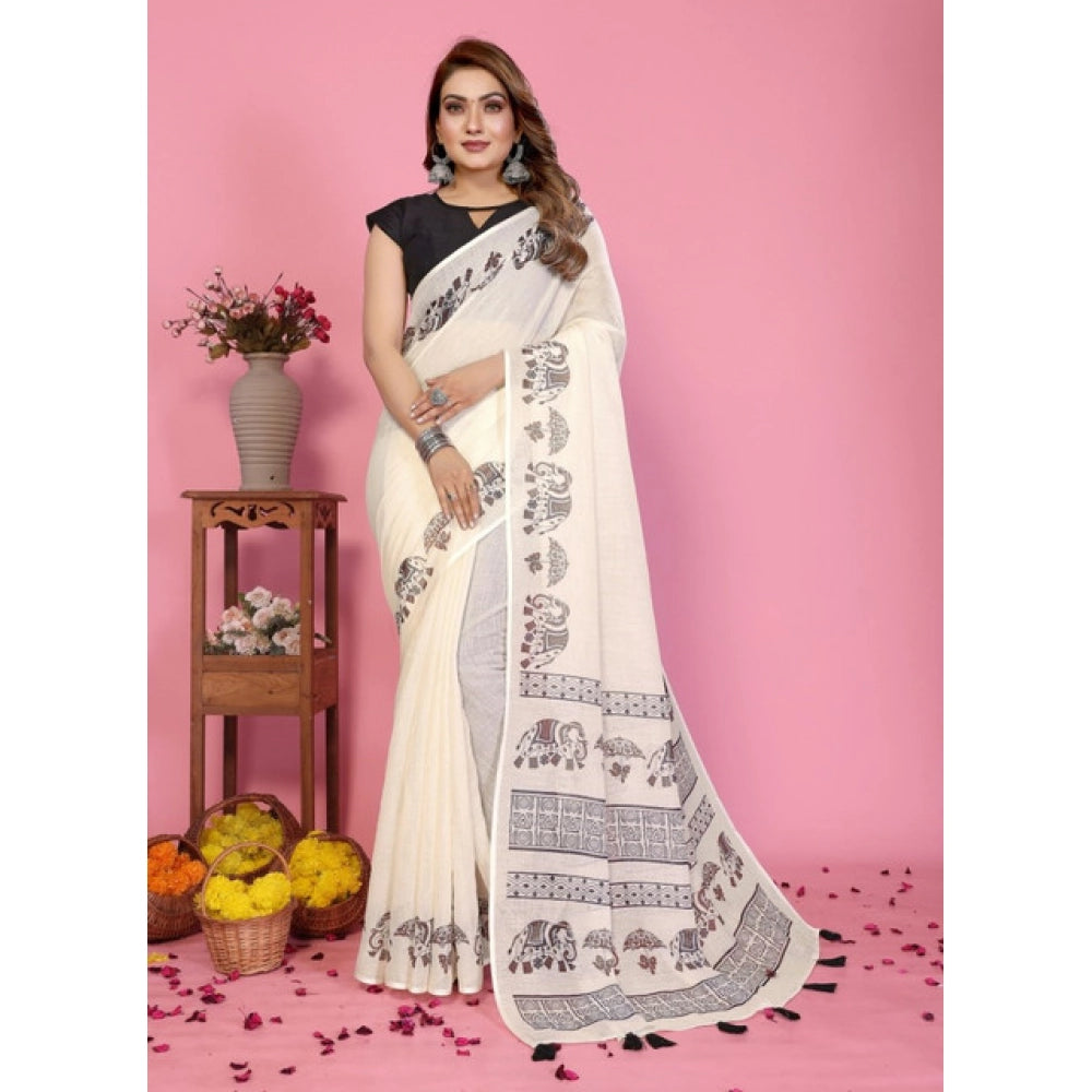 Generic Women's Linen Cotton Printed Saree With Unstitched Blouse 5.5Mtr (Off White)