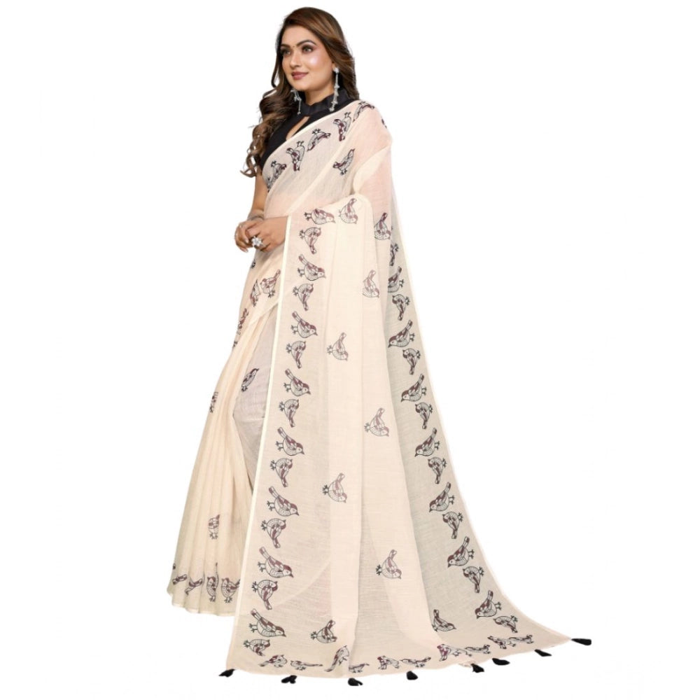 Generic Women's Linen Cotton Printed Saree With Unstitched Blouse 5.5Mtr (Off White)
