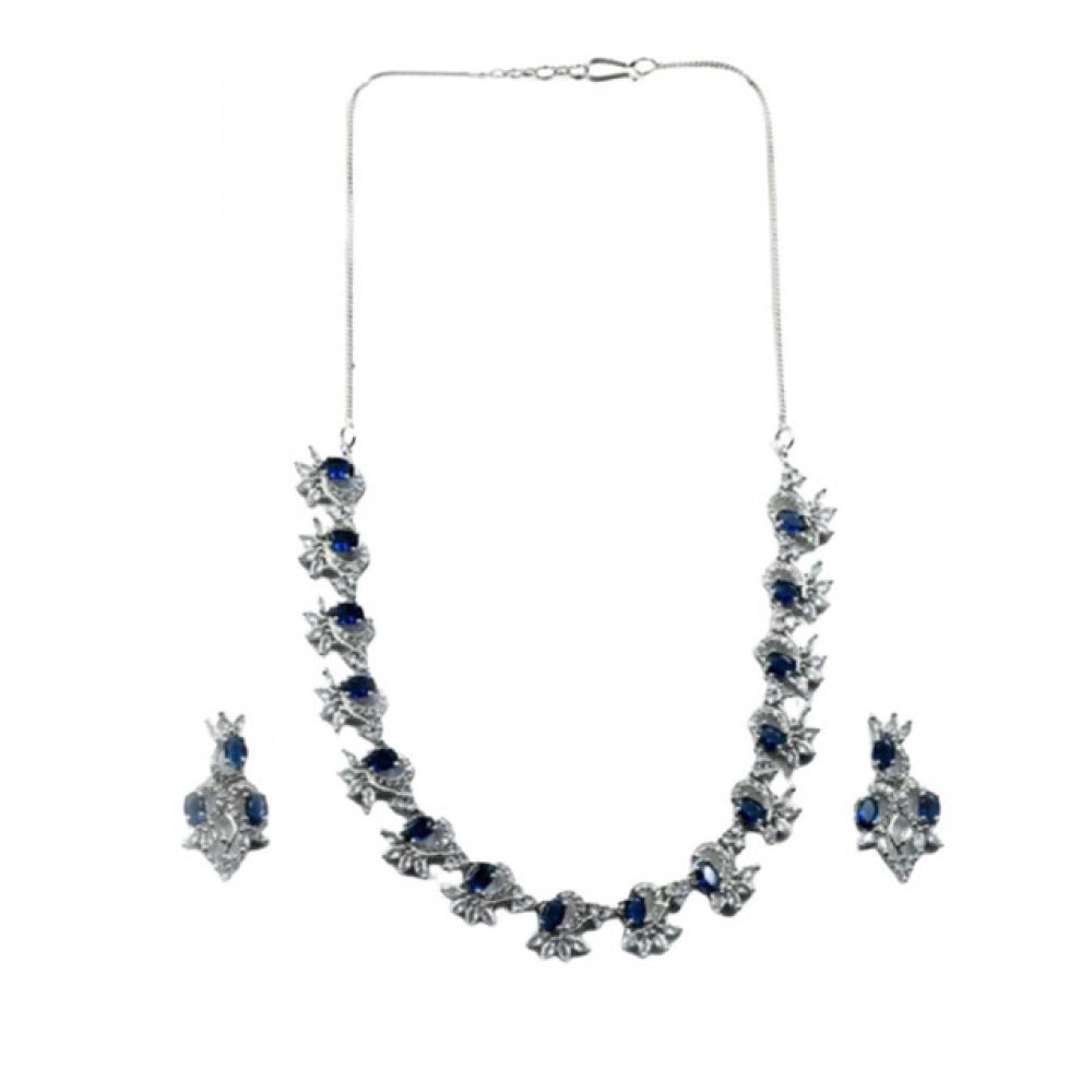 Generic Women's Brass Silver Plated Necklace set (Blue)