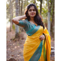 Generic Women's Litchi silk Printed Saree With Unstitched Blouse (Yellow)