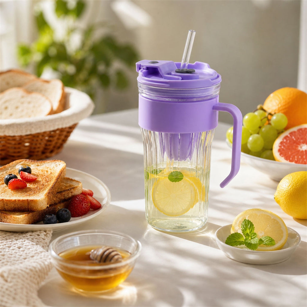 Glass Tumbler With Lid Straw And Handle For Cold Beverages And Juice (1 Pc)