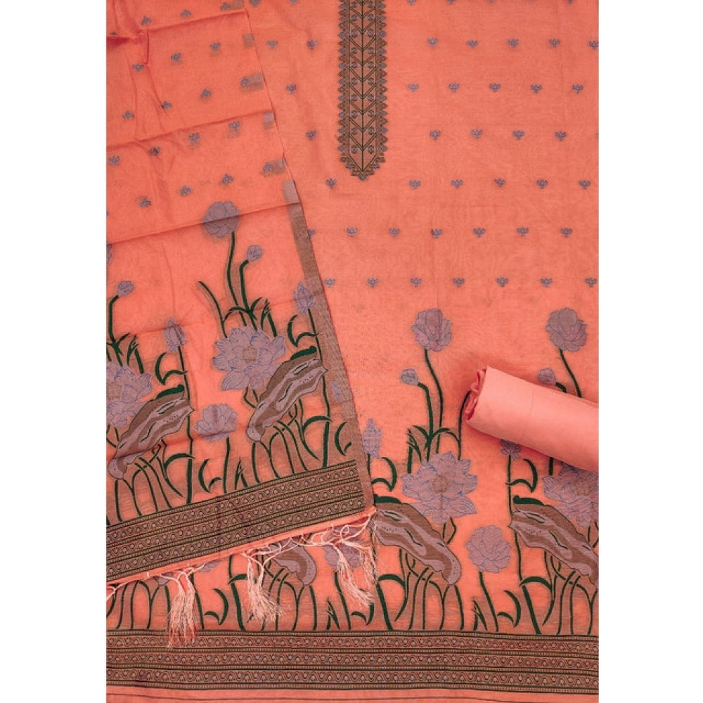 Generic Women's Banarasi Silk Printed Unstitched Salwar Suit Material With Dupatta (Peach, 3Mtrs)