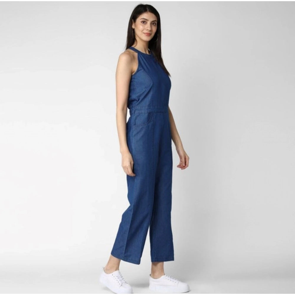 Generic Women's Denim Solid Sleeveless Jumpsuit (Blue)
