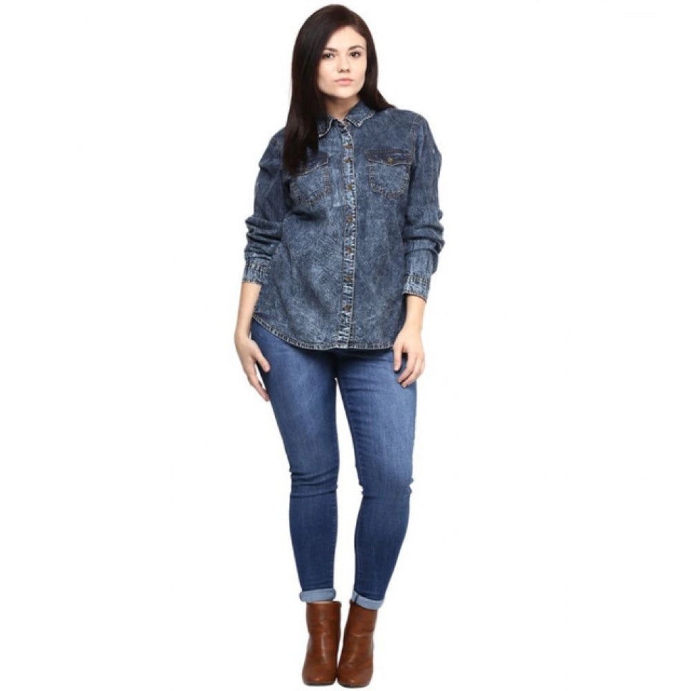 Generic Women's Denim Solid Long Sleeves Shirt (Blue)