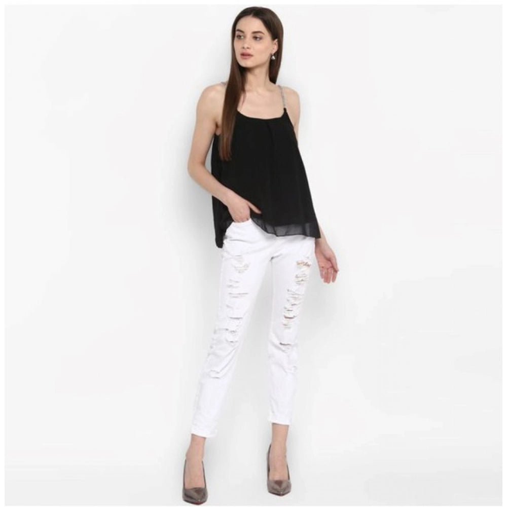 Generic Women's Polyester Embellished Shoulder Straps Top (Black)