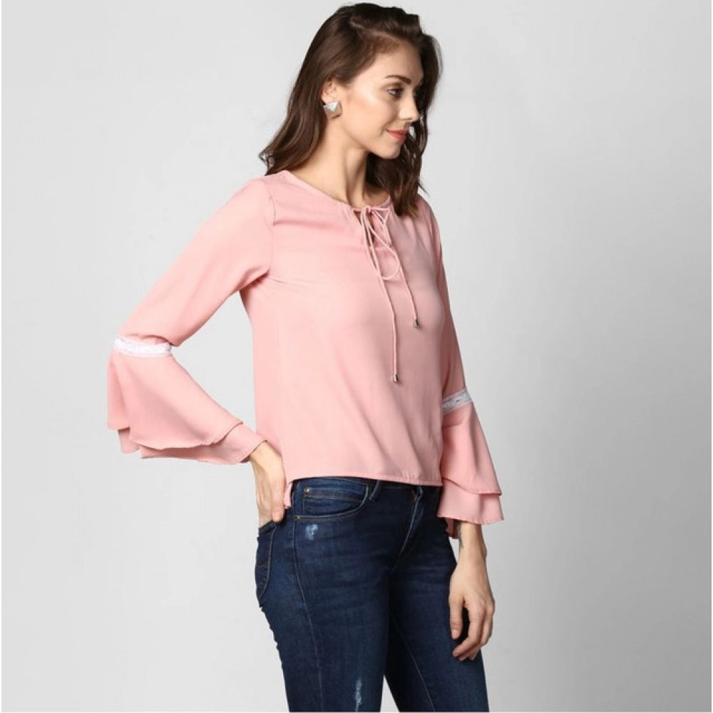 Generic Women's Polyester Solid Bell Sleeve Top (Pink)