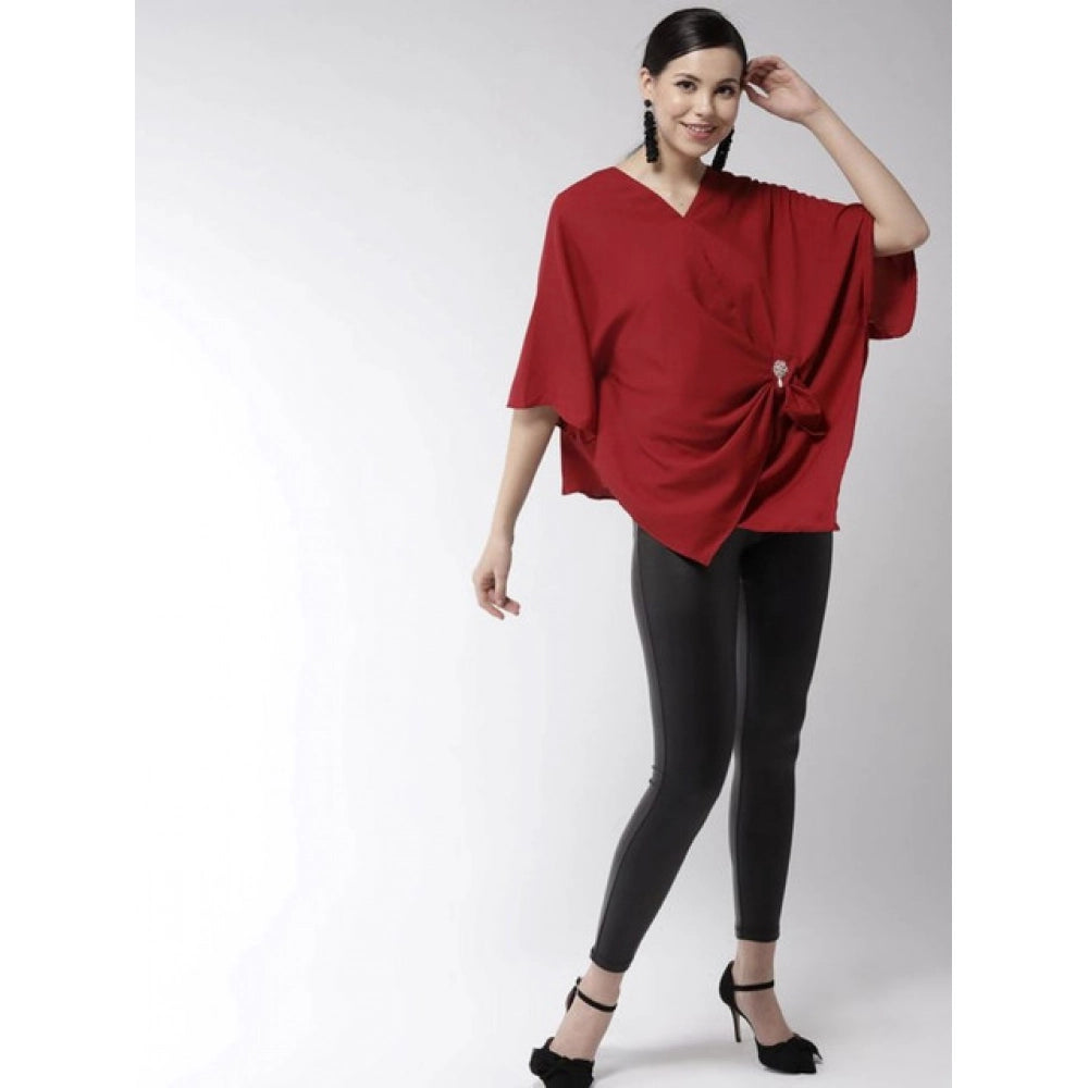 Generic Women's Polyester Solid Cape Sleeve Top (Red)