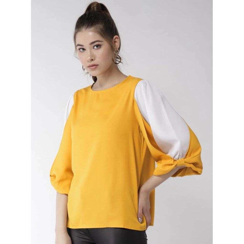 Generic Women's Polyester Colour Block Slit Sleeve Top (Yellow-White)