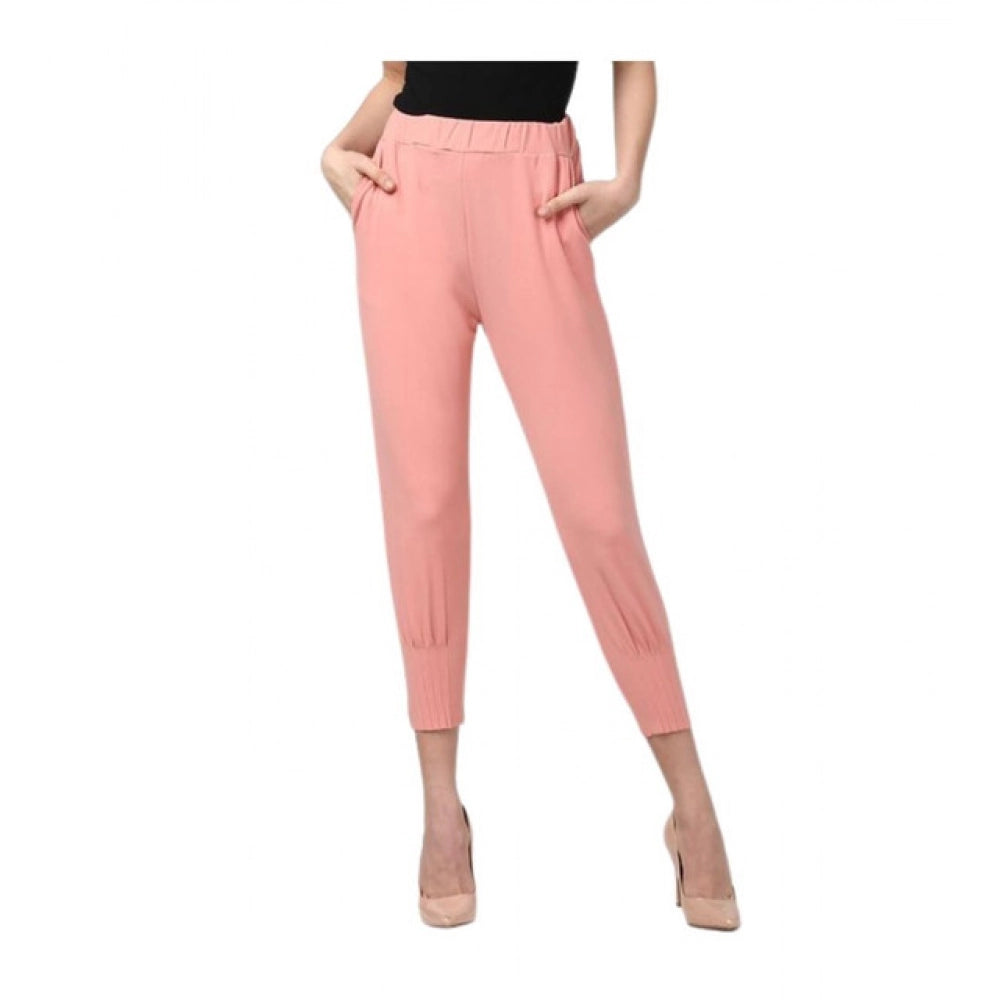 Generic Women's Polyester Solid Elasticated Trousers (Pink)