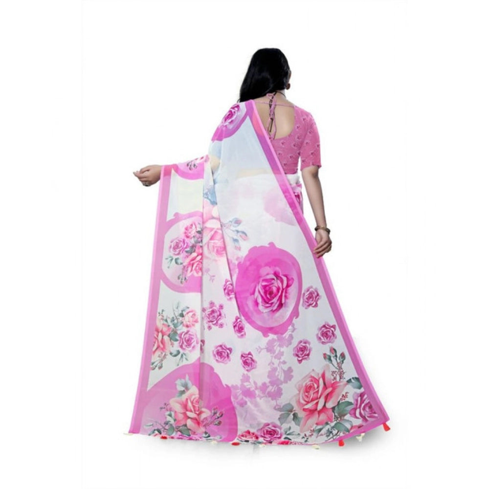 Generic Women's Georgette Floral Printed Saree With Unstitched Blouse 5.5Mtr (Pink)