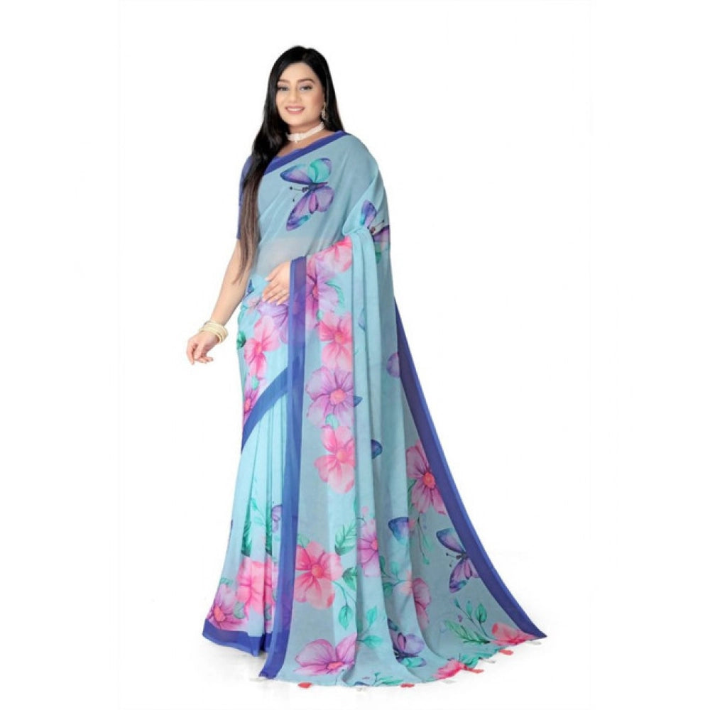 Generic Women's Georgette Floral Printed Saree With Unstitched Blouse 5.5Mtr (Blue)