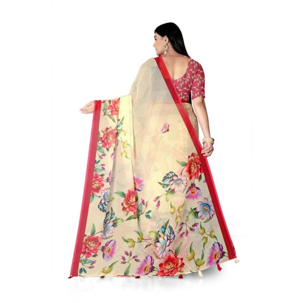 Generic Women's Georgette Floral Printed Saree With Unstitched Blouse 5.5Mtr (Yellow)
