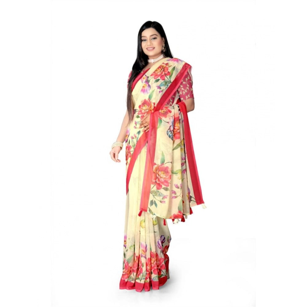 Generic Women's Georgette Floral Printed Saree With Unstitched Blouse 5.5Mtr (Yellow)