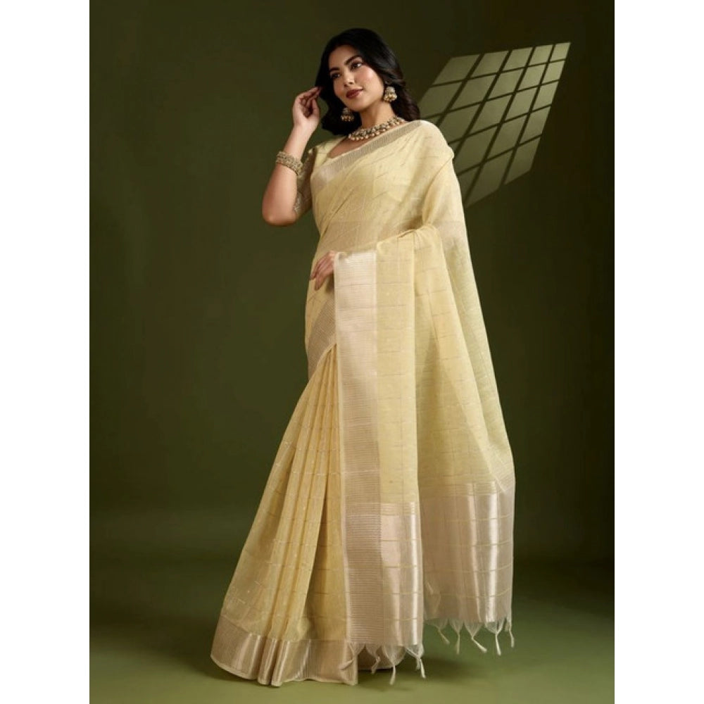 Generic Women's Tissue Checks_With_Buttis Saree With Unstitched Blouse 5.5Mtr (Yellow)