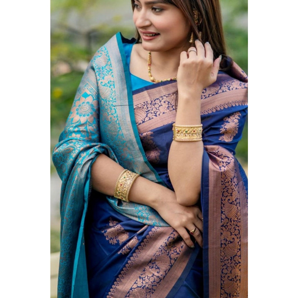 Generic Women's Katan_Silk Zari_Weaving Saree With Unstitched Blouse 5.5Mtr (Navy_Blue)