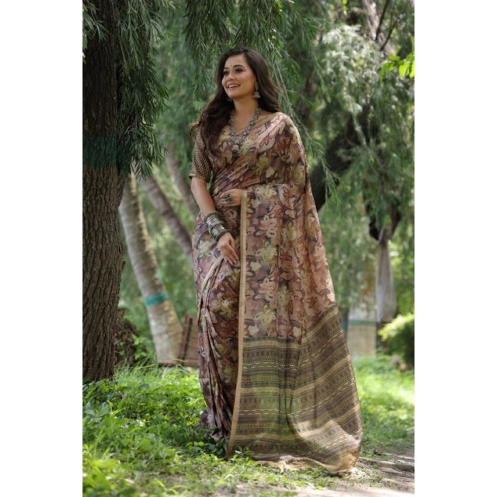 Generic Women's Faux_Tussar_Silk Abstract_Print Saree With Unstitched Blouse 5.5Mtr (Brown)