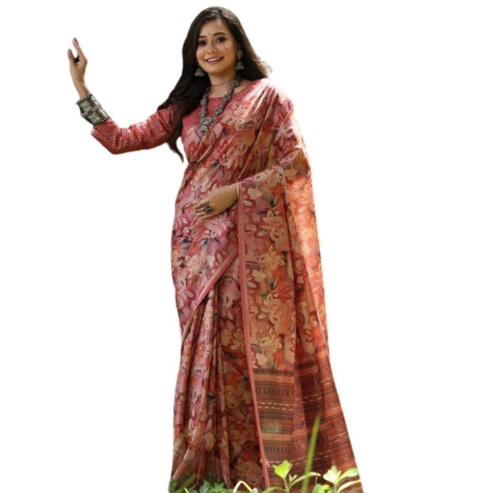 Generic Women's Faux_Tussar_Silk Abstract_Print Saree With Unstitched Blouse 5.5Mtr (Peach)