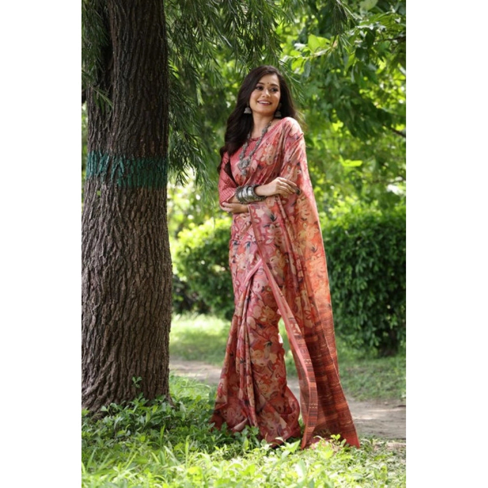 Generic Women's Faux_Tussar_Silk Abstract_Print Saree With Unstitched Blouse 5.5Mtr (Peach)