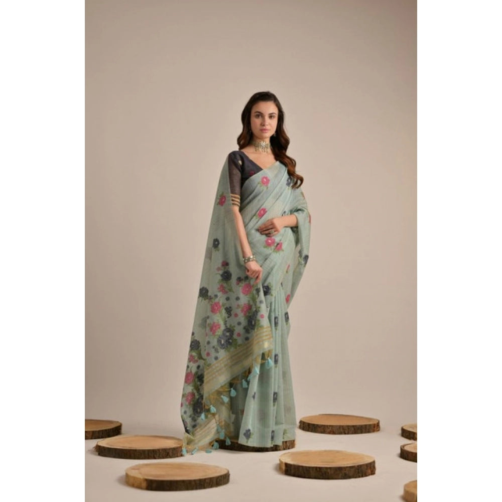 Generic Women's Blended_Cotton Floral Motifs And Woven Buttas Saree With Unstitched Blouse 5.5Mtr (Teal)