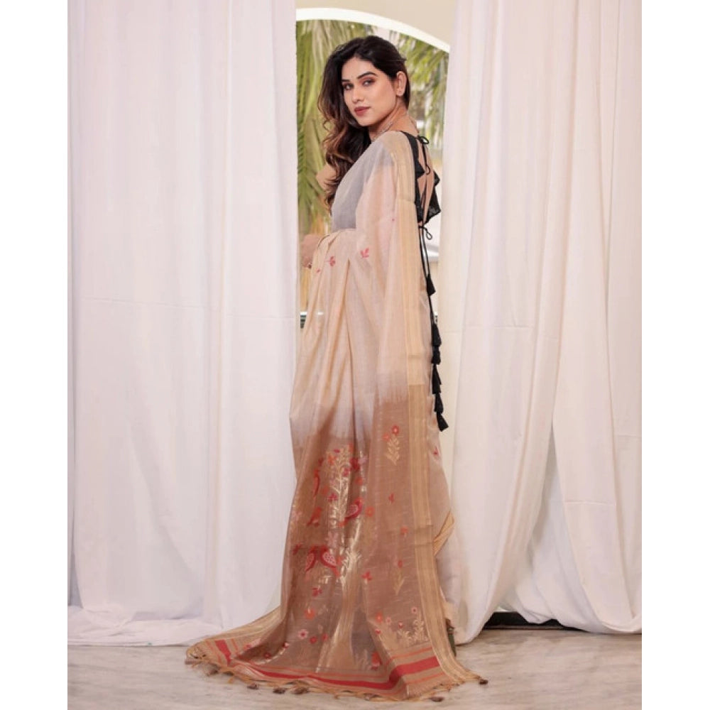 Generic Women's Blended_Cotton Woven_Motifs Saree With Unstitched Blouse 5.5Mtr (Light_Beige)