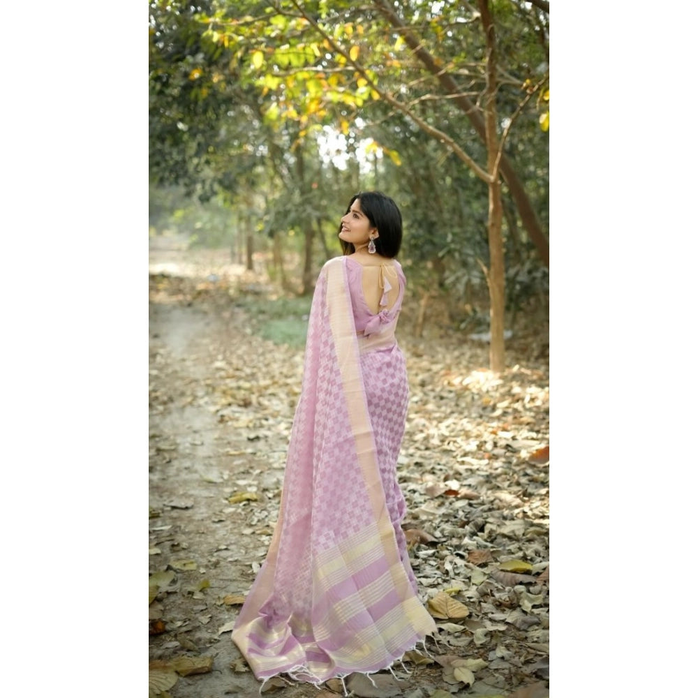 Generic Women's Silk_Blend Checked Saree With Unstitched Blouse 5.5Mtr (Lavender)
