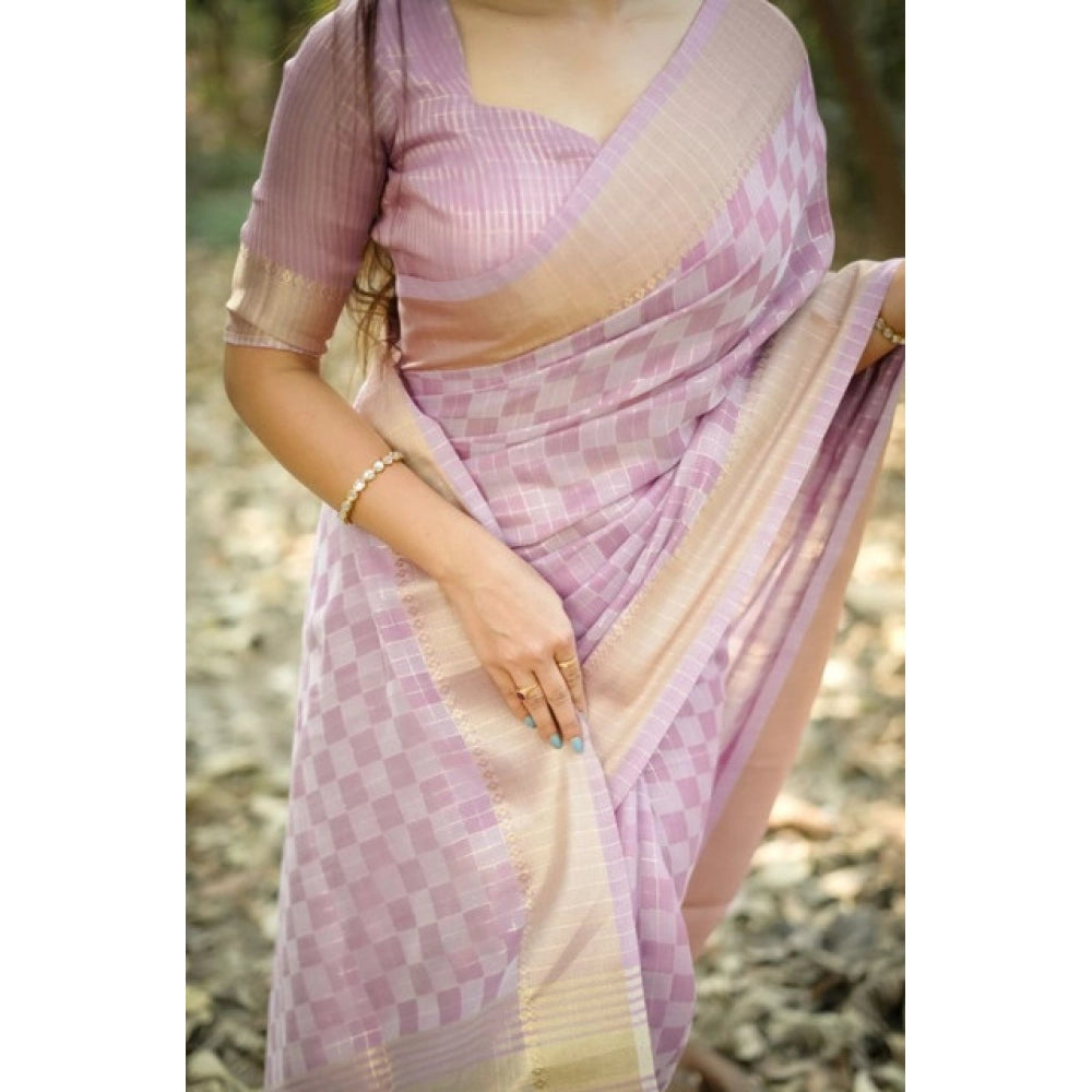 Generic Women's Silk_Blend Checked Saree With Unstitched Blouse 5.5Mtr (Lavender)