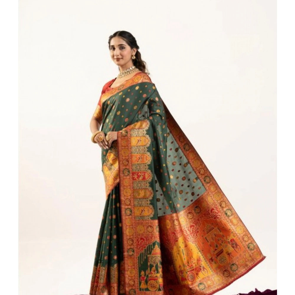 Generic Women's Faux_Banarasi Woven Motifs Saree With Unstitched Blouse 5.5Mtr (Dark_Green)