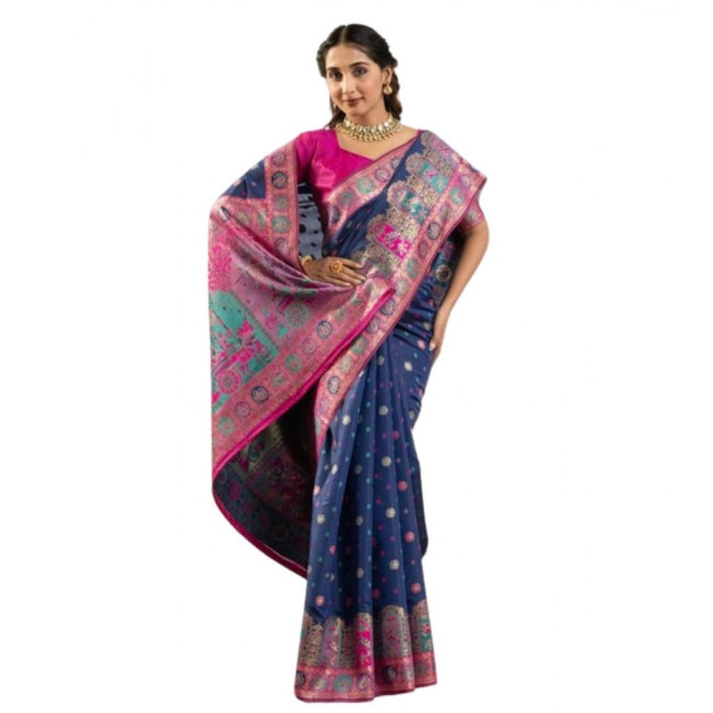 Generic Women's Faux_Banarasi Woven Motifs Saree With Unstitched Blouse 5.5Mtr (Navy_Blue)