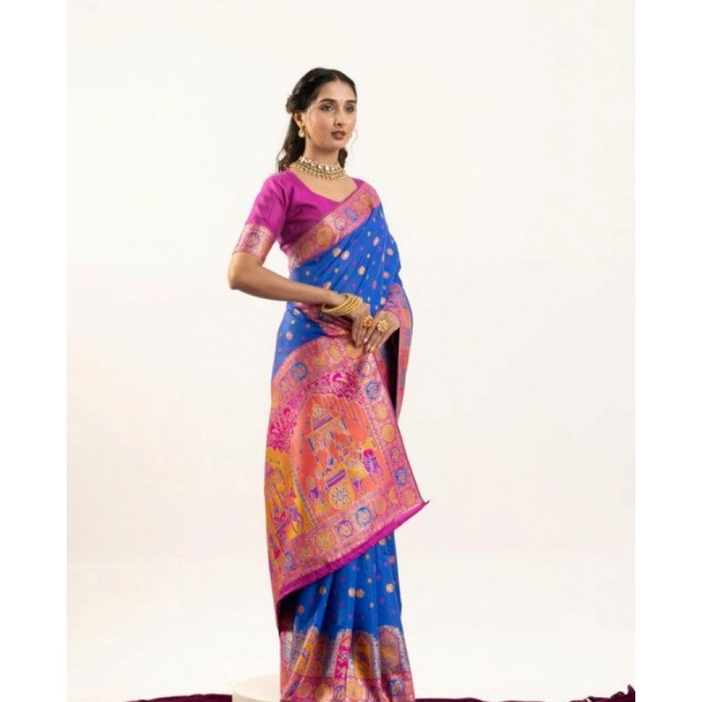 Generic Women's Faux_Banarasi Woven Motifs Saree With Unstitched Blouse 5.5Mtr (Royal_Blue)