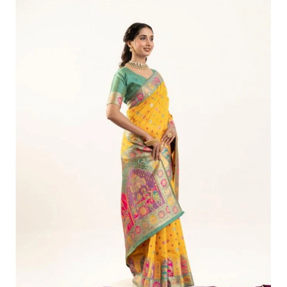 Generic Women's Faux_Banarasi Woven Motifs Saree With Unstitched Blouse 5.5Mtr (Yellow)