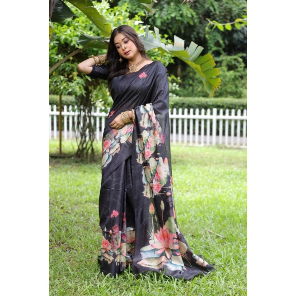 Generic Women's Faux_Tussar Floral Saree With Unstitched Blouse 5.5Mtr (Black)