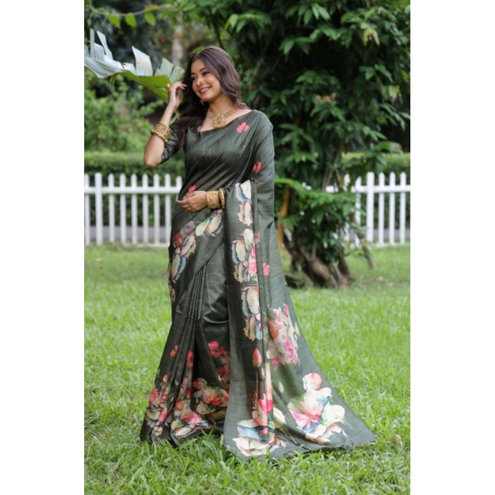 Generic Women's Faux_Tussar Floral Saree With Unstitched Blouse 5.5Mtr (Olive)