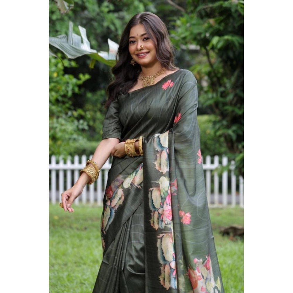 Generic Women's Faux_Tussar Floral Saree With Unstitched Blouse 5.5Mtr (Olive)