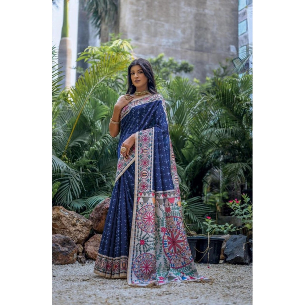 Generic Women's Faux_Tussar Geometric_Print Saree With Unstitched Blouse 5.5Mtr (Blue)
