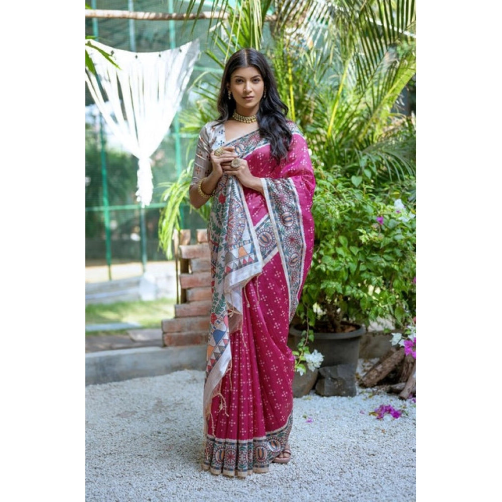 Generic Women's Faux_Tussar Geometric_Print Saree With Unstitched Blouse 5.5Mtr (Pink)