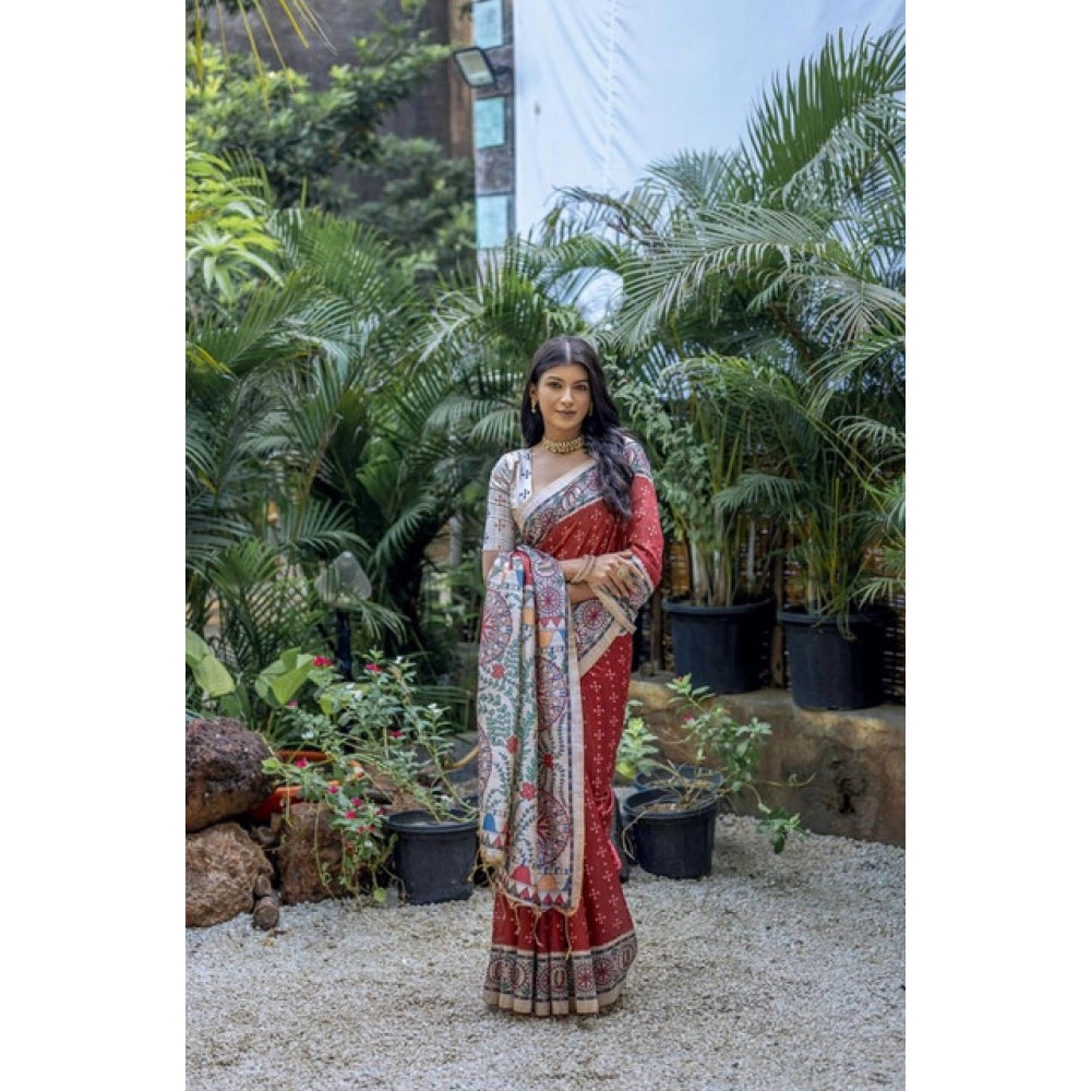 Generic Women's Faux_Tussar Geometric_Print Saree With Unstitched Blouse 5.5Mtr (Red)