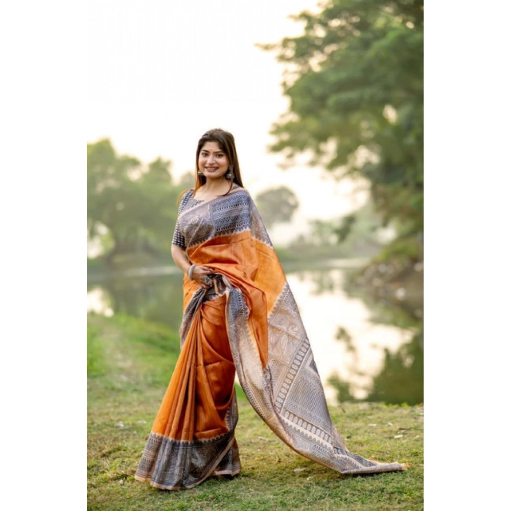 Generic Women's Faux_Tussar Geometric_Print Saree With Unstitched Blouse 5.5Mtr (Rust)