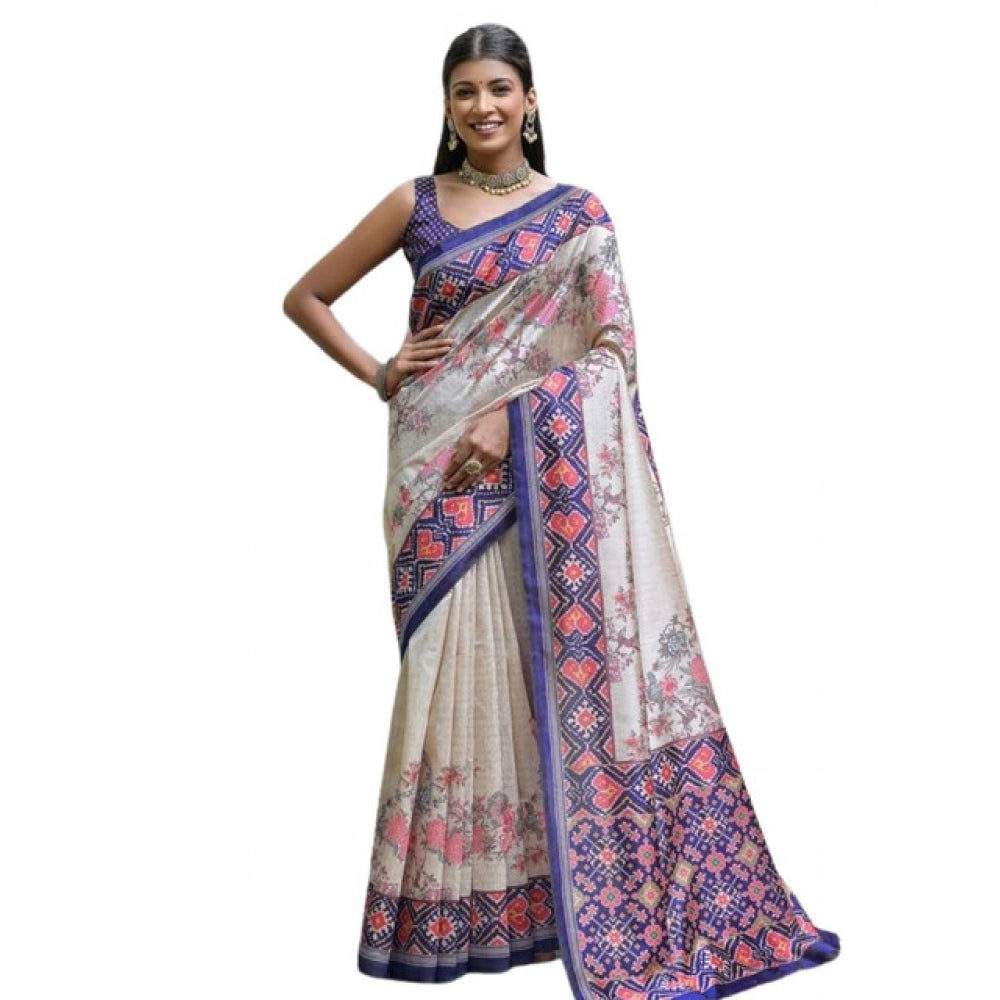 Generic Women's Faux_Tussar Floral Jal With Patola Print Saree With Unstitched Blouse 5.5Mtr (Blue)