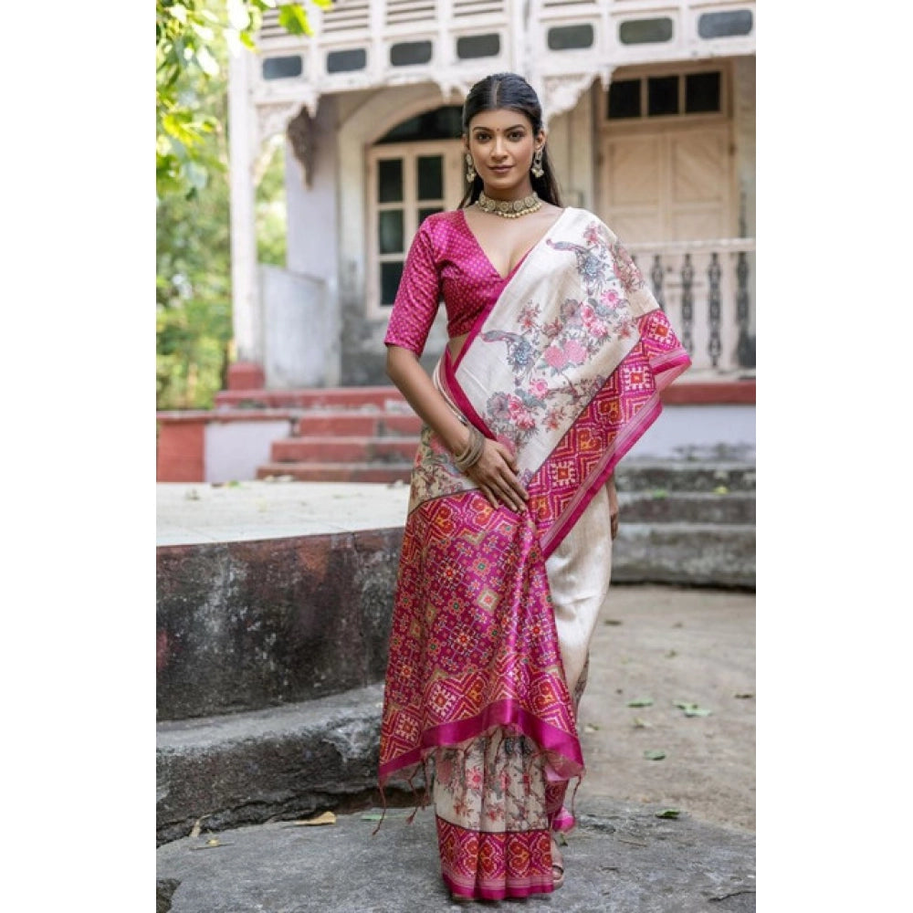 Generic Women's Faux_Tussar Floral Jal With Patola Print Saree With Unstitched Blouse 5.5Mtr (Pink)