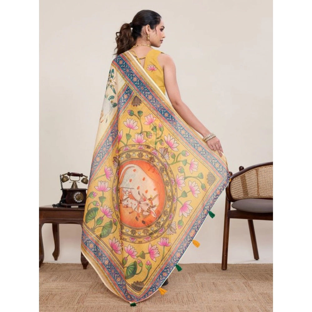 Generic Women's Linen Floral Printed Saree With Unstitched Blouse 5.5Mtr (Beige)