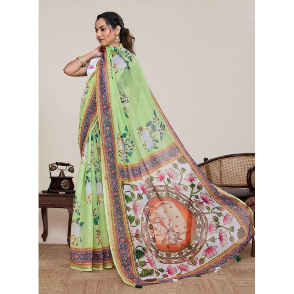 Generic Women's Linen Floral Printed Saree With Unstitched Blouse 5.5Mtr (Light Green)