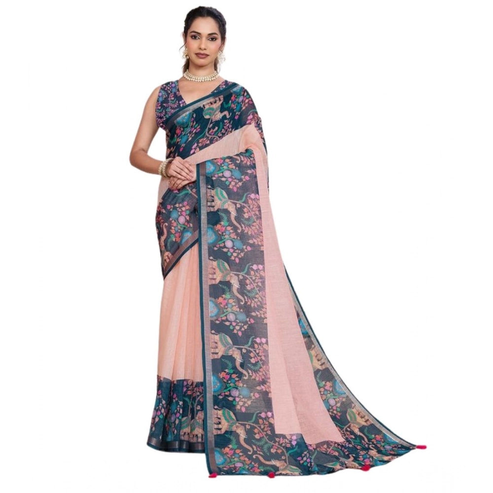 Generic Women's Linen Floral Printed Saree With Unstitched Blouse 5.5Mtr (Peach Pink)
