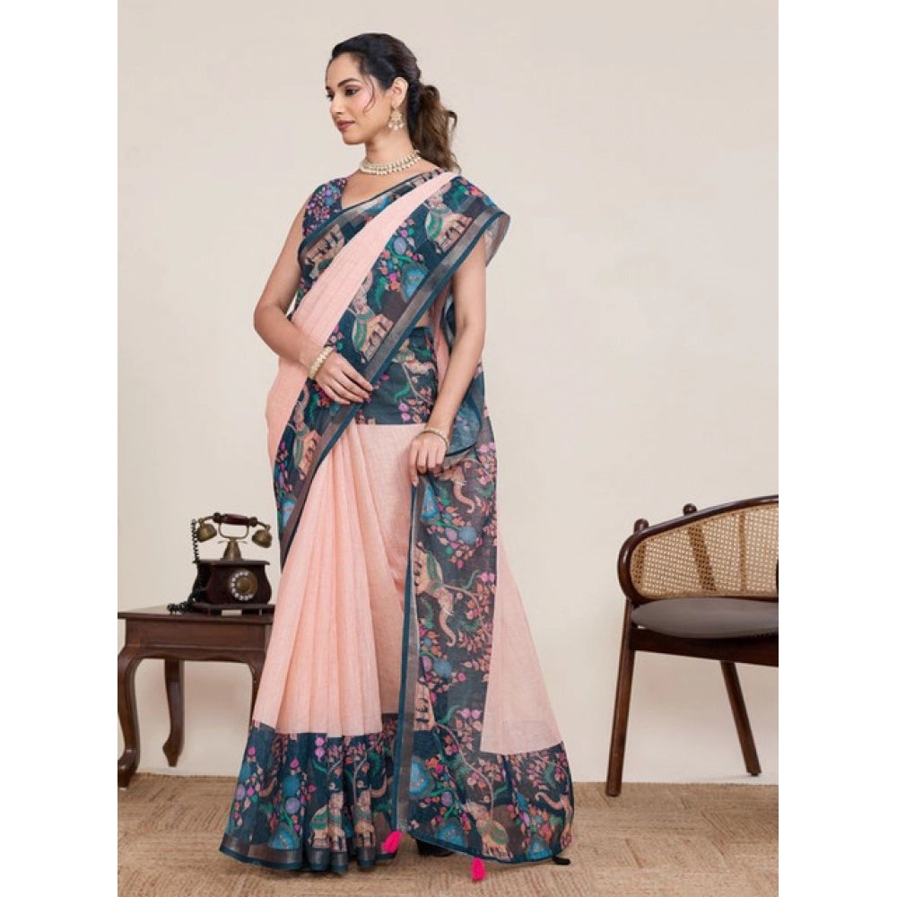 Generic Women's Linen Floral Printed Saree With Unstitched Blouse 5.5Mtr (Peach Pink)