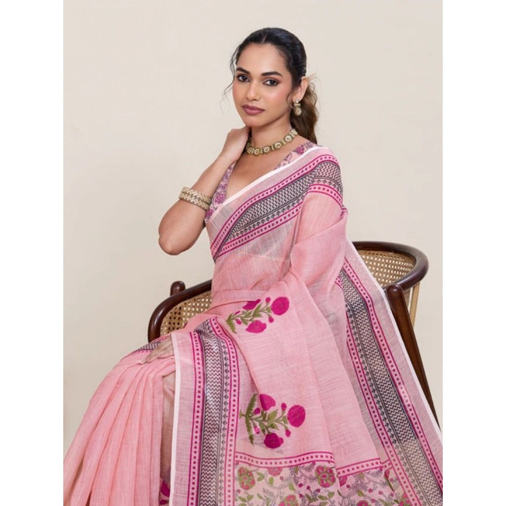 Generic Women's Linen Floral Printed Saree With Unstitched Blouse 5.5Mtr (Pink)
