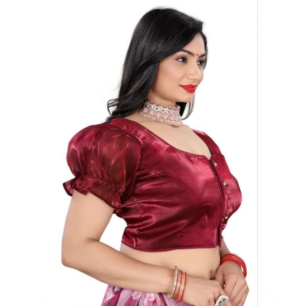 Generic Women's Jimmy Solid Designer Neck Elastic Sleeve Readymade Blouse (Maroon 38 , Alterable up to 42)-PID65831